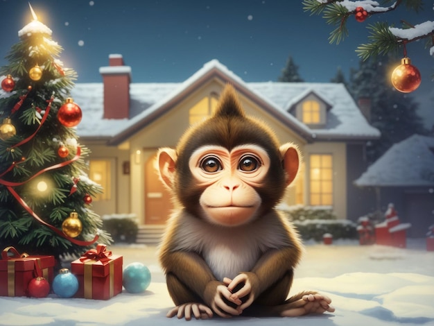 Christmas house monkey background