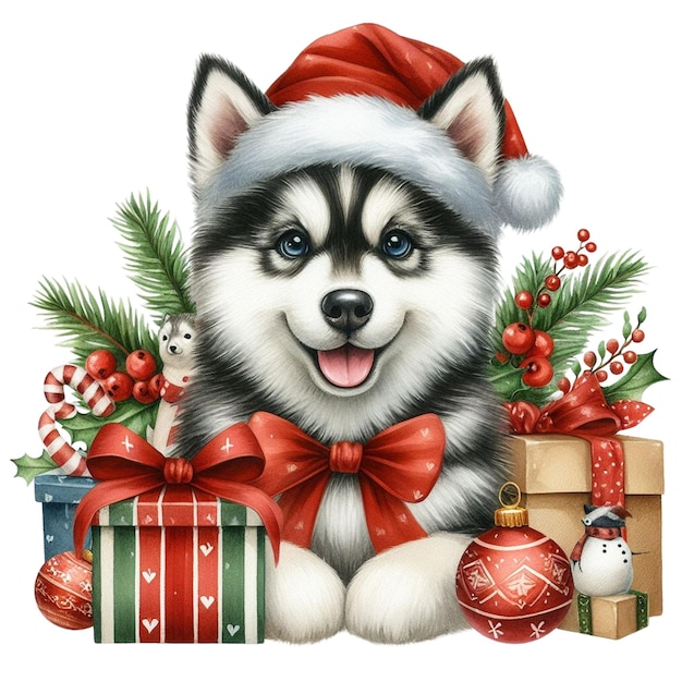 Christmas Husky Watercolor Clipart