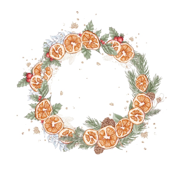 Christmas illustration set wreath of winter flowers poinsettia cotton and orange