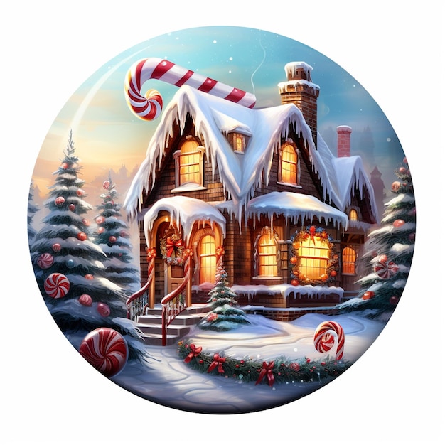 Christmas Image with Candy Cane Over House