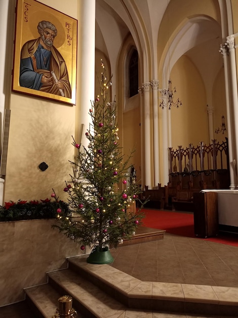 Christmas interior in the Cathedral Christmas tree and icon