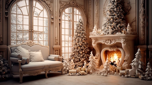 christmas interior design christmas tree with gifts and candles on the background Generative AI illustrator