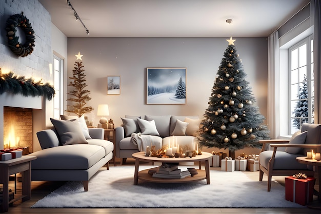 Christmas interior living room Christmas tree and gift boxes under carpet