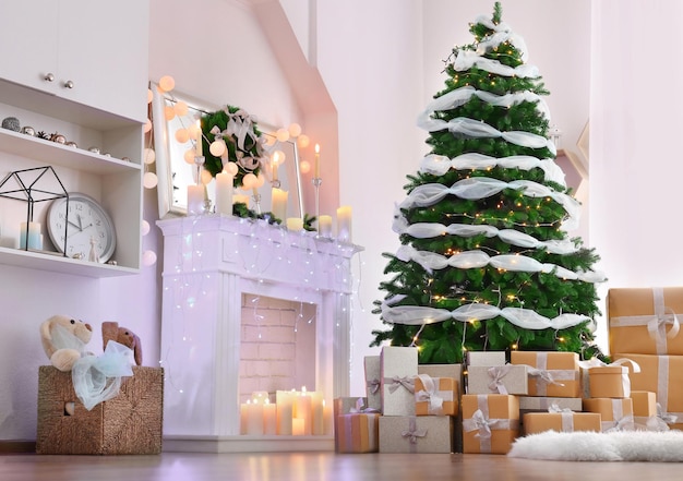 Christmas interior of living room with beautiful fir tree