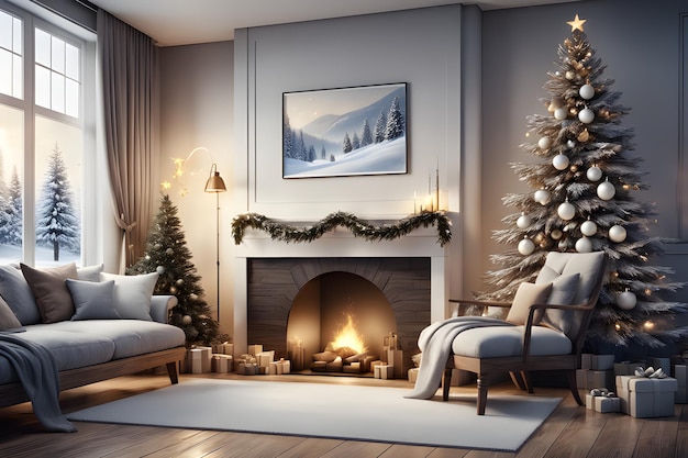 Christmas interior living room with carpet and fireplace Christmas tree and candles near