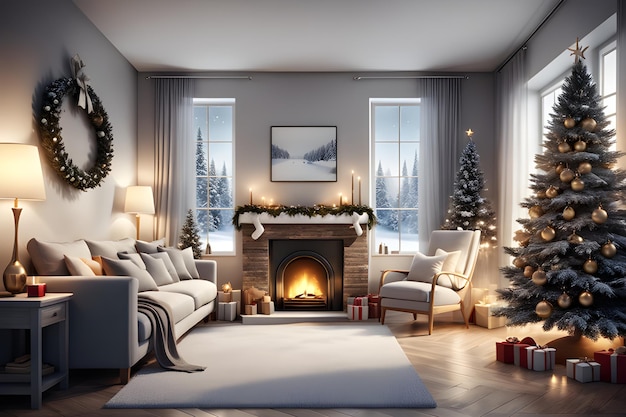 Christmas interior living room with Christmas tree and gift boxes near tree place with fireplace