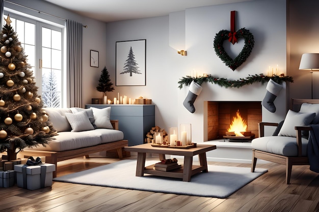 Christmas interior living room with fireplace and Christmas tree and candles near it