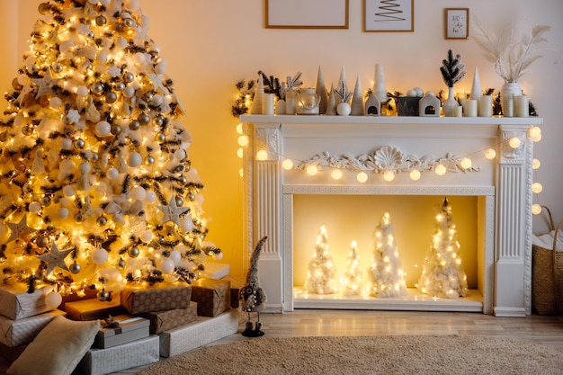 christmas interior. magical glowing Christmas tree, fireplace and gifts