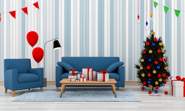 Christmas interior modern living room with a christmas tree. 3d rendering