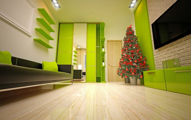 Christmas interior with  Christmas tree &amp; sofa