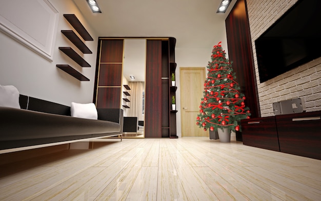 Christmas interior with  Christmas tree &amp; sofa