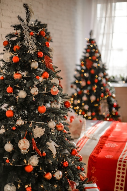 Christmas interior with gift boxes and Christmas fires.  