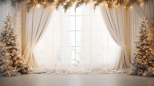 Christmas interior with white curtains Christmas trees and snowflakes