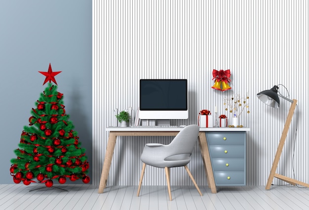 Christmas interior workspace with computer. 3d render