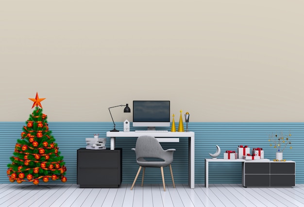 Christmas interior workspace with computer. 3d render