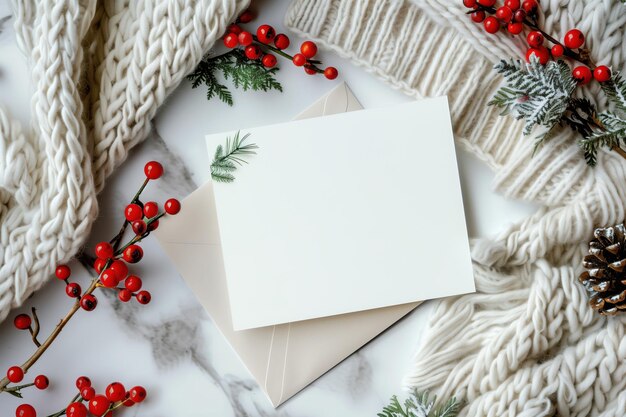 Photo christmas invitation card and envelope with festive decor red berries pine cones and cozy sweater