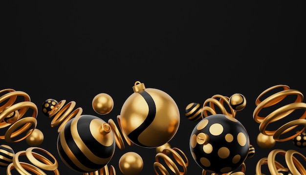 Christmas isolated black golden bauble ball 3d render illustration Happy new year 3d render image of christmas holiday