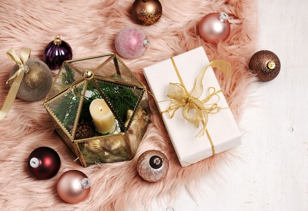 Christmas items arrangement on wooden background