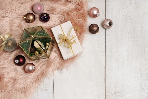 Christmas items arrangement on wooden background