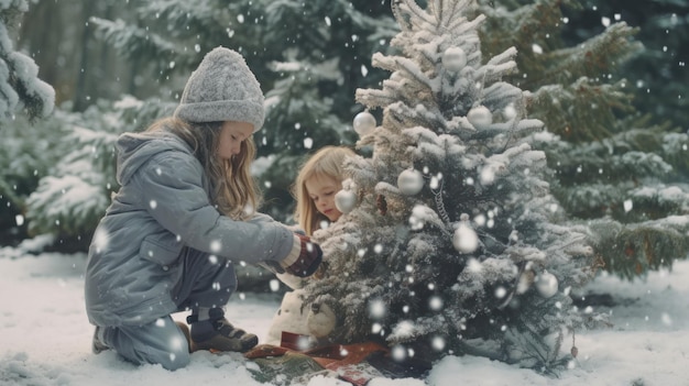 Christmas kids decorating a christmas tree outside