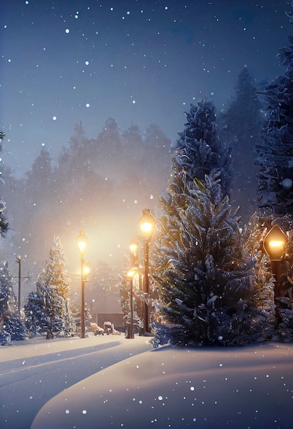 Christmas landscape beautiful winter scenery with christmas trees and snow