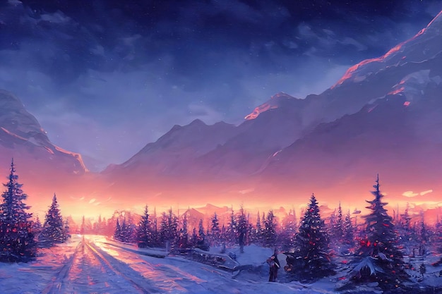 Christmas landscape illustration beautiful winter scenery with christmas trees and snow