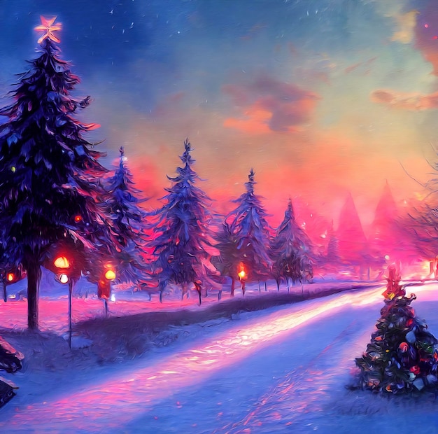 Christmas landscape illustration beautiful winter scenery with christmas trees and snow