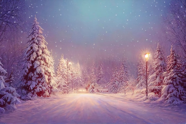 Christmas landscape illustration beautiful winter scenery with christmas trees and snow