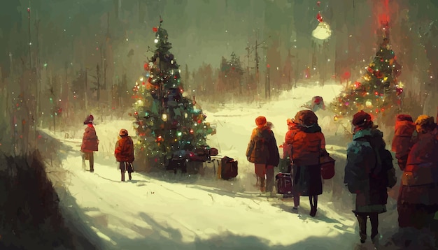 Christmas landscape with snow and trees with lights christmas landscape illustration