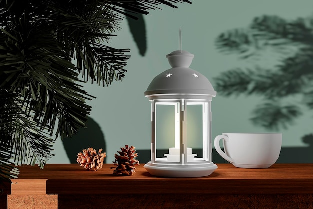 Christmas lantern on rustic table with fir branch pine cone and tea cup 3D render