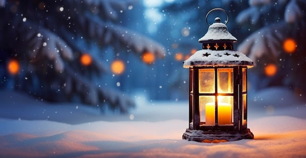 Christmas Lantern On Snow With Fir Branch In Evening Scene Generative AI