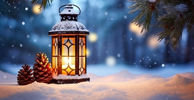 Christmas Lantern On Snow With Fir Branch In Evening Scene Generative AI