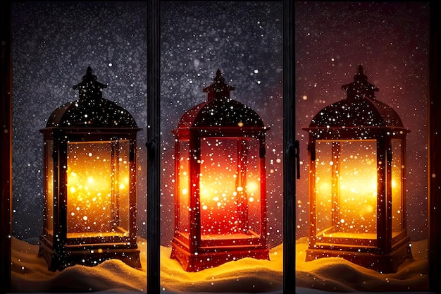 Christmas lanterns on window red and yellow lights with snowflakes created with generative ai