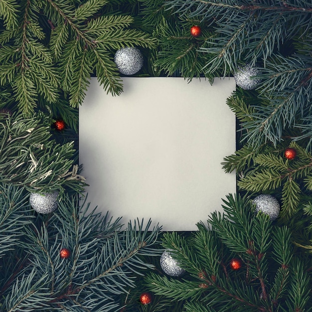 Christmas layout of spruce and juniper branches with a paper card New Year's conceptual background