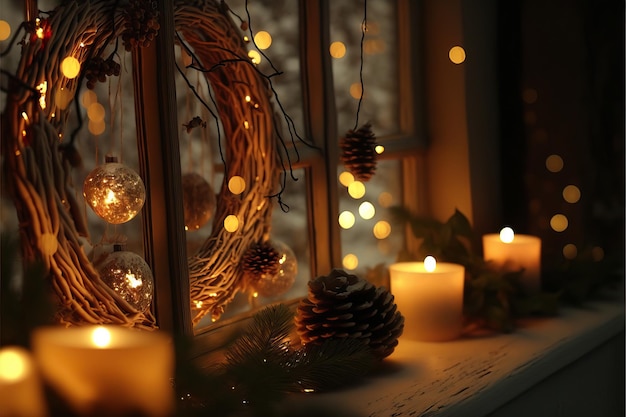 Christmas light garland on window and decoration on colorful background with selective focus and blurred background