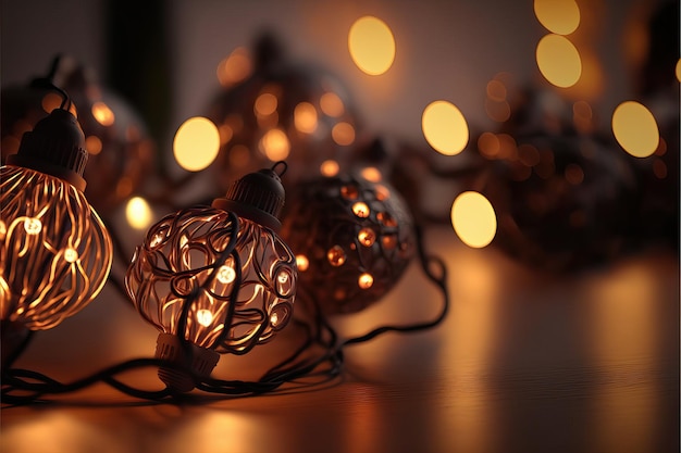 Christmas light garland on window and decoration on colorful background with selective focus and blurred background