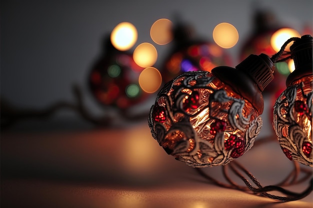 Christmas light garland on window and decoration on colorful background with selective focus and blurred background