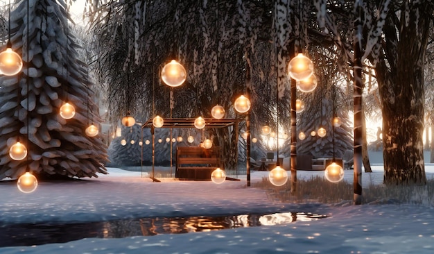 Christmas lights are hanging near trees under snow