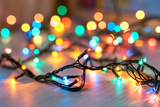 Christmas lights on dark blue background