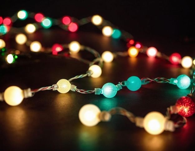 Photo christmas lights on dark surface lights mix of red green yellow and blue lights are strung in twisted fashion creating sense of movement and whimsy festive and inviting atmosphere xmas design