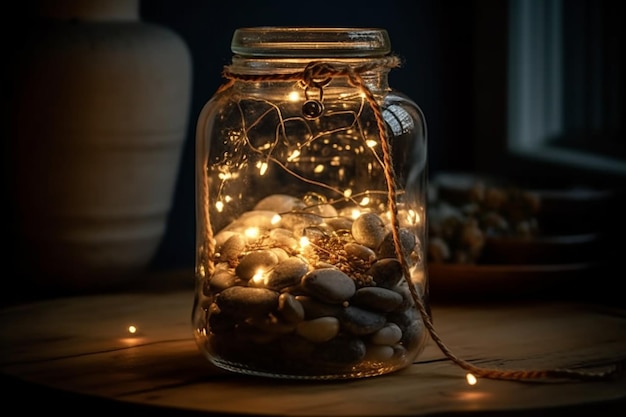 Christmas lights in a glass jar on a wooden table Vintage style