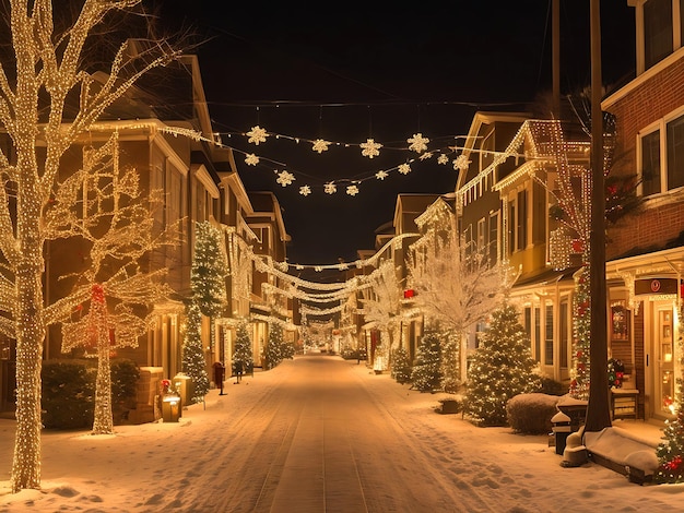 christmas lights hanging on city street