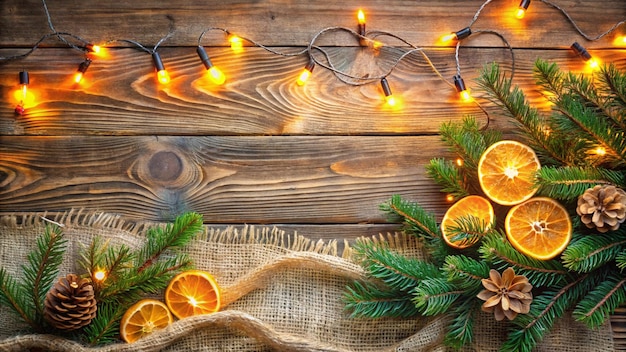 Photo christmas lights pine branches and orange slices on rustic wood