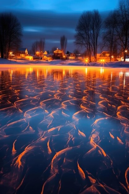 Christmas lights reflection on frozen lake surface created with generative ai