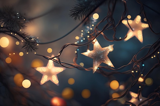 Christmas Lights Stars String Hanging At Fir Branches Illustration AI Generative