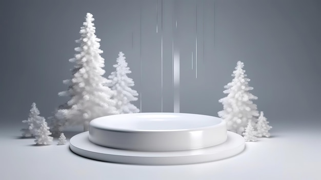 Christmas lights with snow and pedestal showcase with Christmas tree Generative Ai