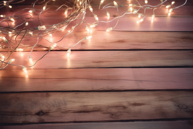 Christmas lights on a wooden background