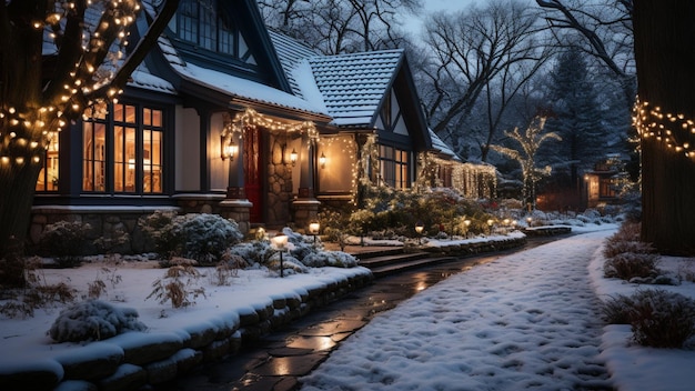 Christmas lights wreaths and decorations on a stone house exterior at night winter holiday season