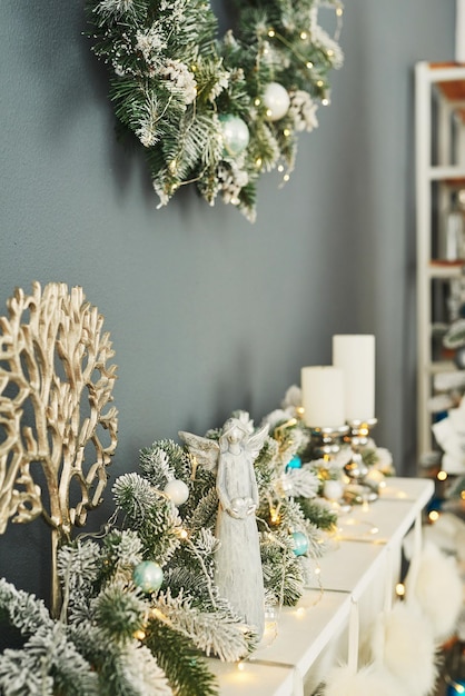 Christmas living room. Blue and white decor christmas tree background. New Year celebration. Merry Christmas and Happy New Year.