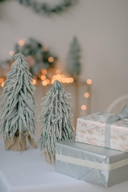 Christmas living room decor in gray and gold